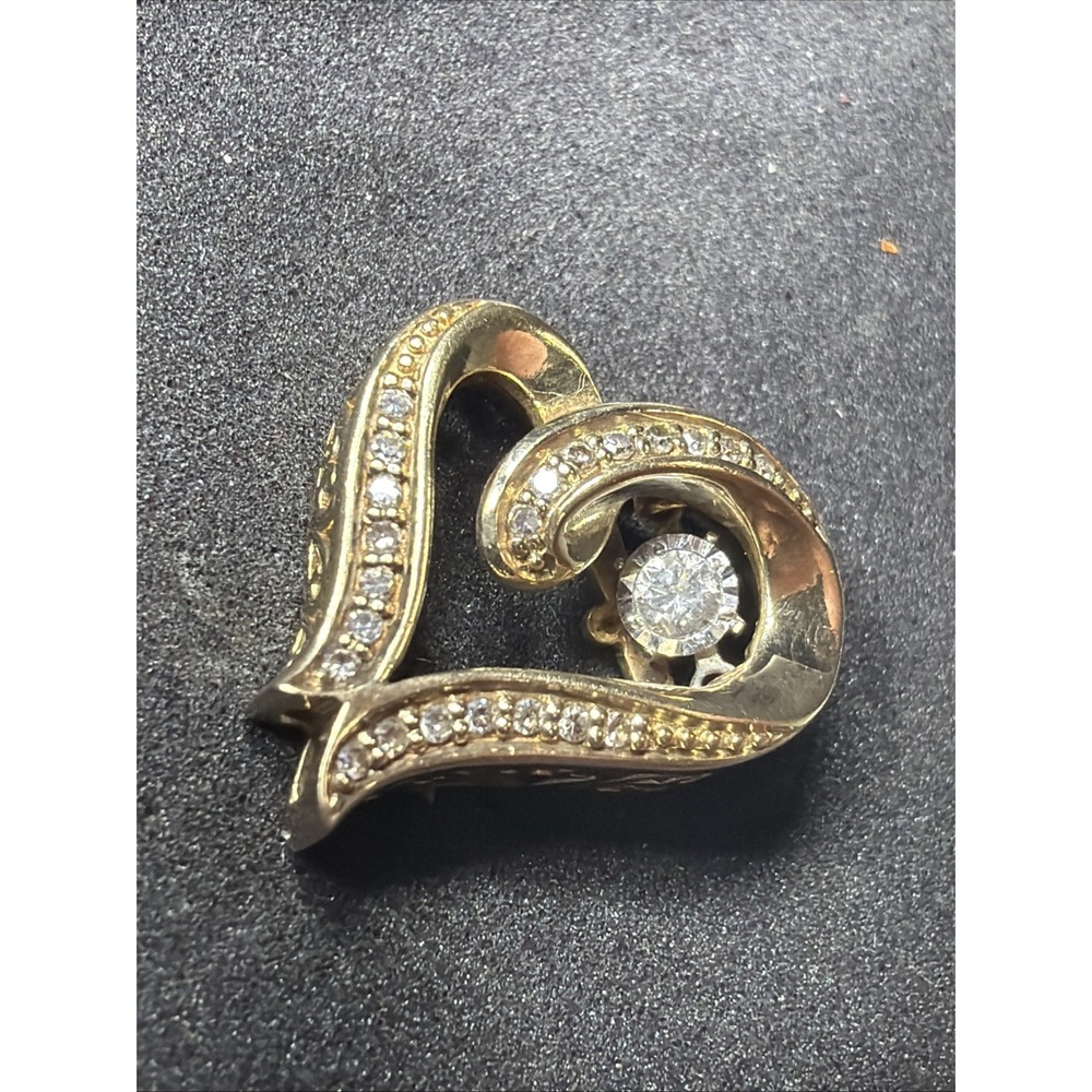 Vintage 10K Yellow Gold Diamond Heart Ribbon Pendant 2.4g Signed OTC Genuine